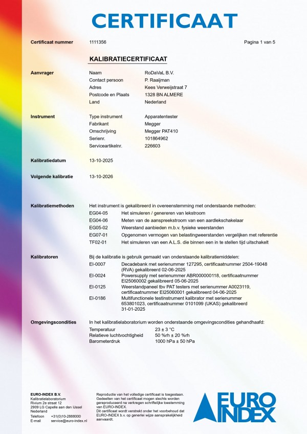 226603 Kalibratiecertificaat Megger PAT410 page 0001